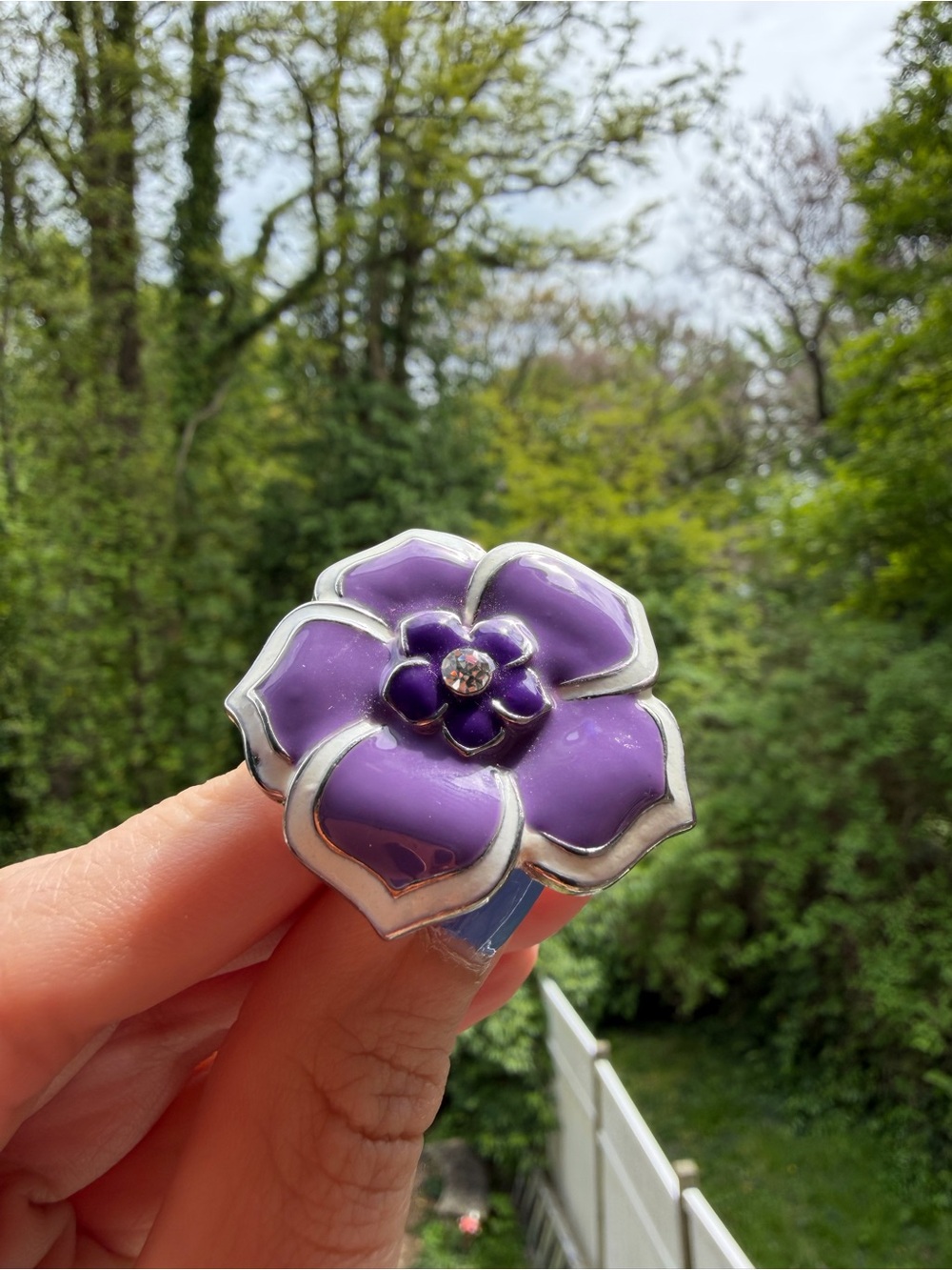Purple Flower Statement Ring with Crystal Accent